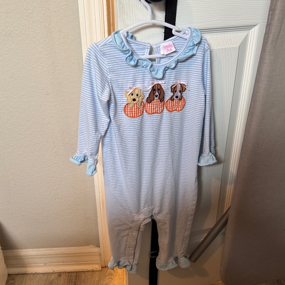 Blue striped- puppy with pumpkins romper